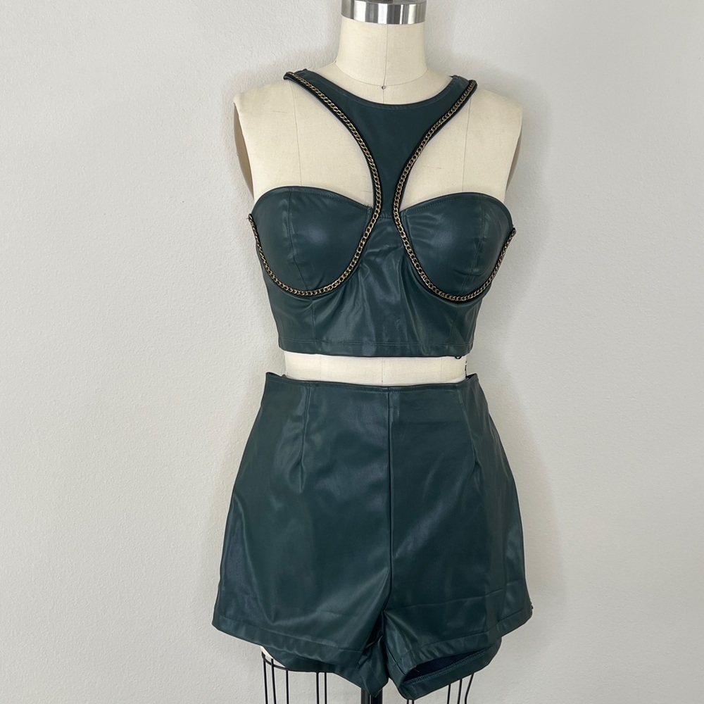 AKIRA Dark Green Faux Leather Matching Top & Shorts Set, Large
